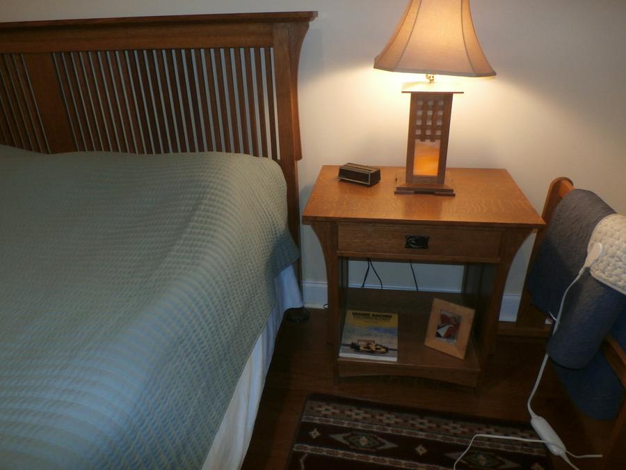 Bed, night tables, lamp.   Arts and Crafts Heirloom Style