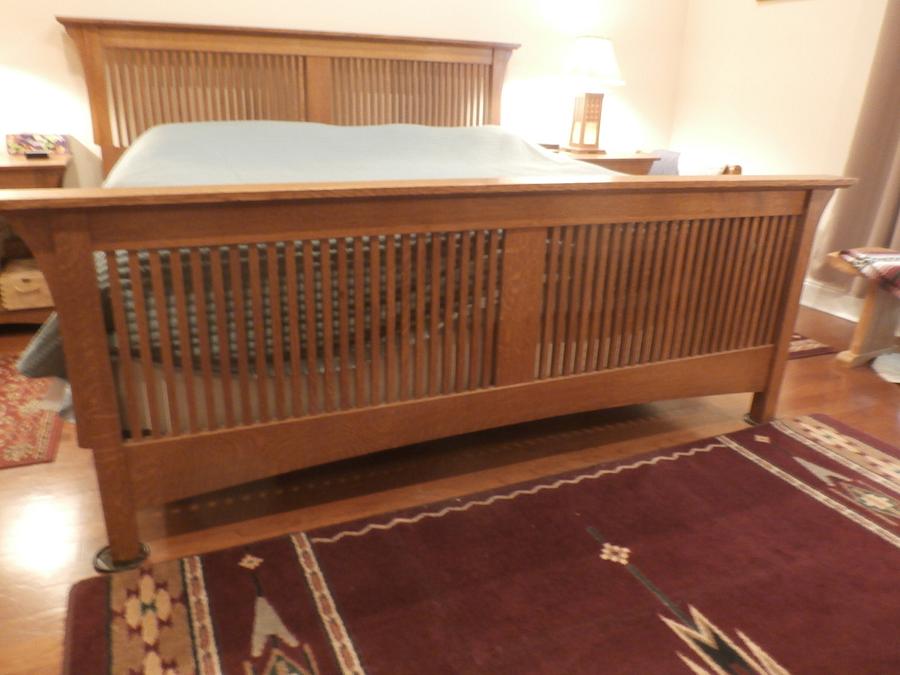 Bed, night tables, lamp.   Arts and Crafts Heirloom Style