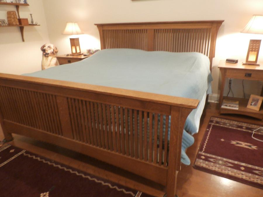 Bed, night tables, lamp.   Arts and Crafts Heirloom Style