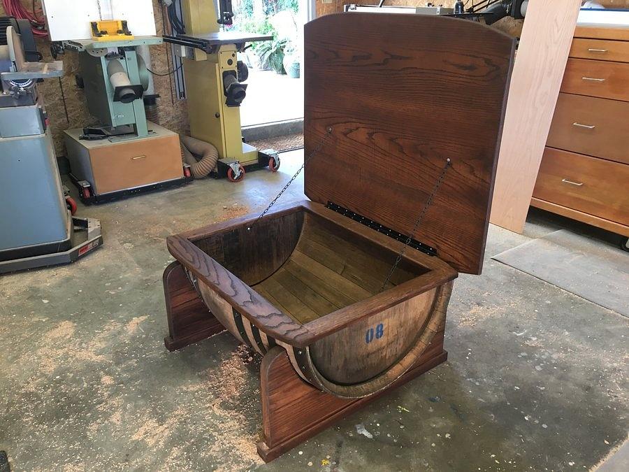 father son wine barrel table