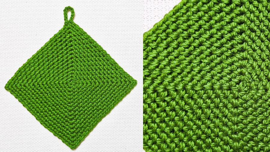 Super Easy Crochet Square Potholder In The Rounds with Moss Stitch