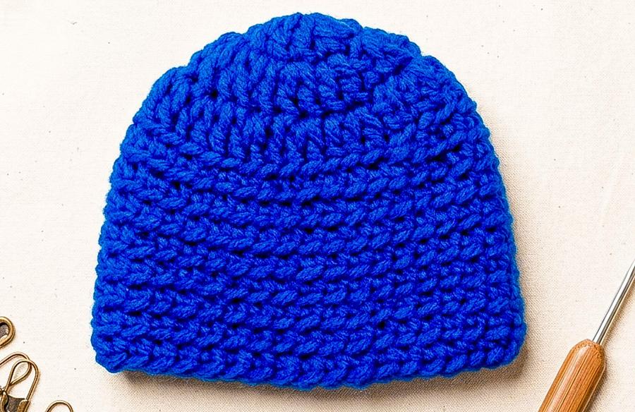 One Hour Cobalt Ridge Crochet Beanie with Bulky Yarn