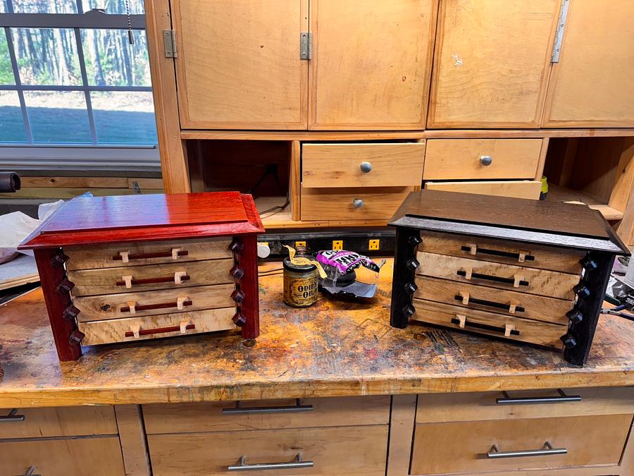 Pagoda Style Jewelry Boxes in Wenge, Padauk and Birdseye Maple