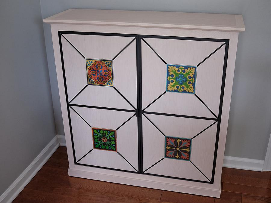 Sewing Supplies Cabinet with Inlaid Metal Tile Accents
