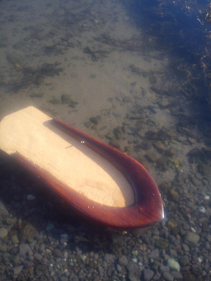 small wooden bodysurf handplane