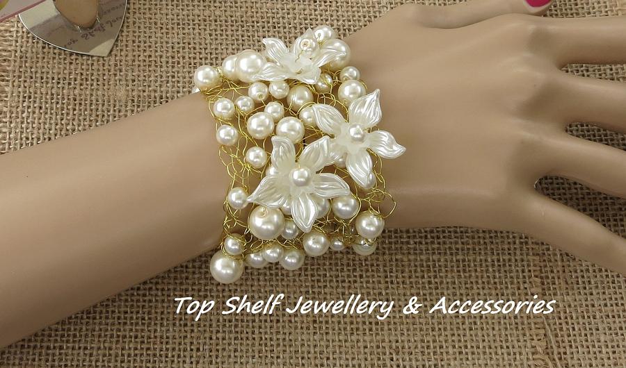 Pearls and Petals Crochet Wire and Beaded Cuff Bracelet