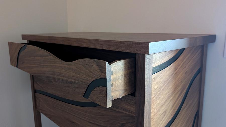 Walnut Dressing Vanity with a Black Swoosh