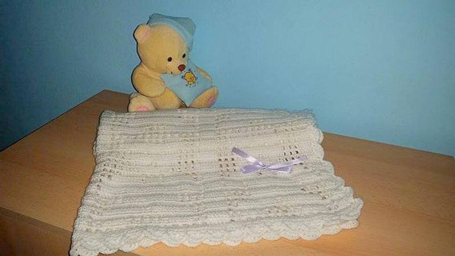 Crochet Baby Blanket, Teddy Bear Blanket, White Crochet Baby Blanket, Christening