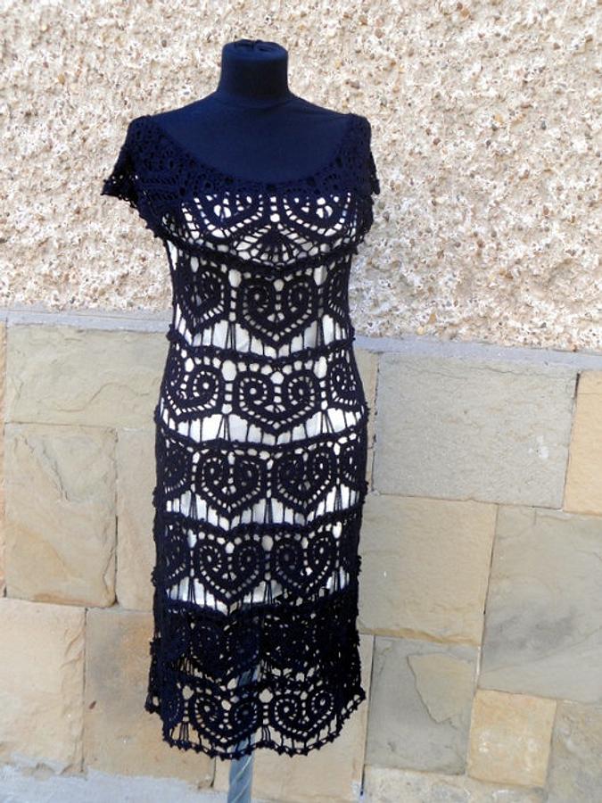 Black Crochet Dress, Little Black  Dress, Lace Wedding Dress, Hearts Motif,  Handmade Dress