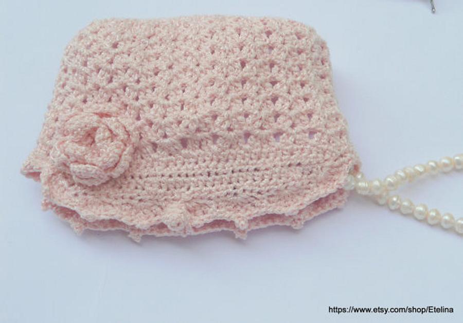 Light Pink Crochet Bag, Wedding Bridal Purse Flower Pin