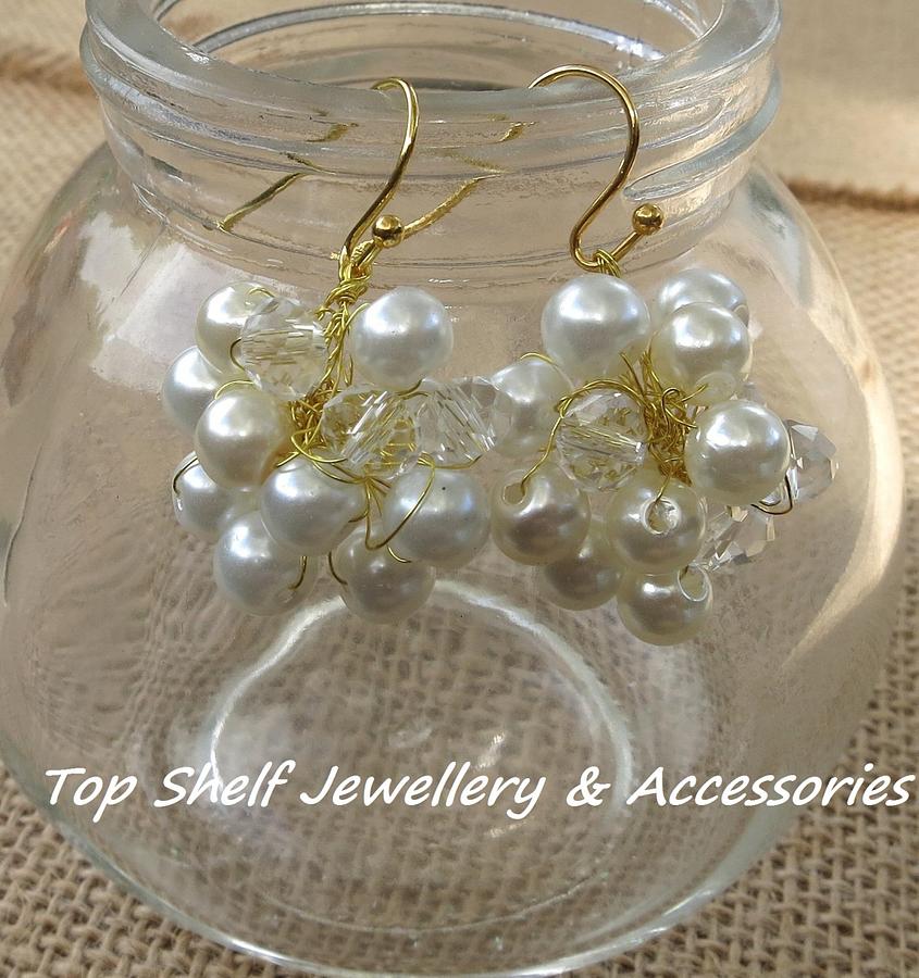 Crochet wire and beaded pearl and clear earrings