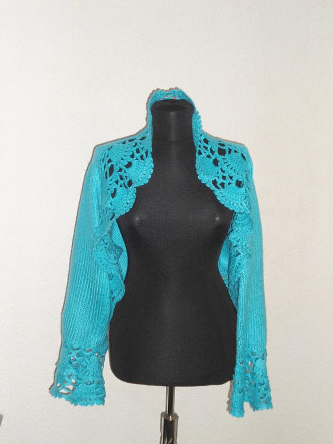 Knitted Turquoise Shrug, Long Sleeves Bolero, Turquoise Bolero, Delicate Romantic, Lace Chic