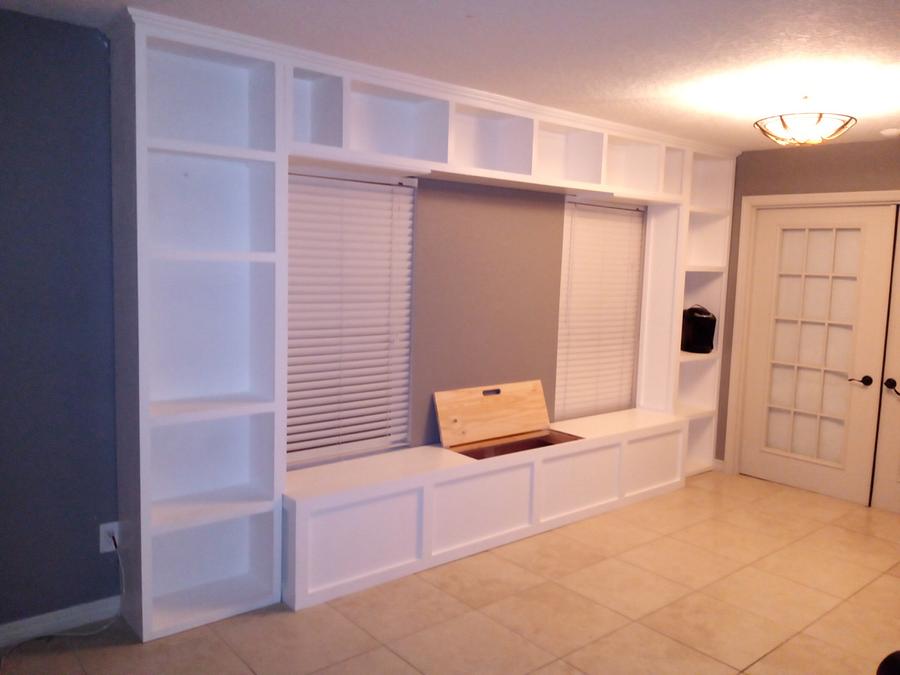 Full Wall Shelving with Storage Bench and Bridge of Cabients