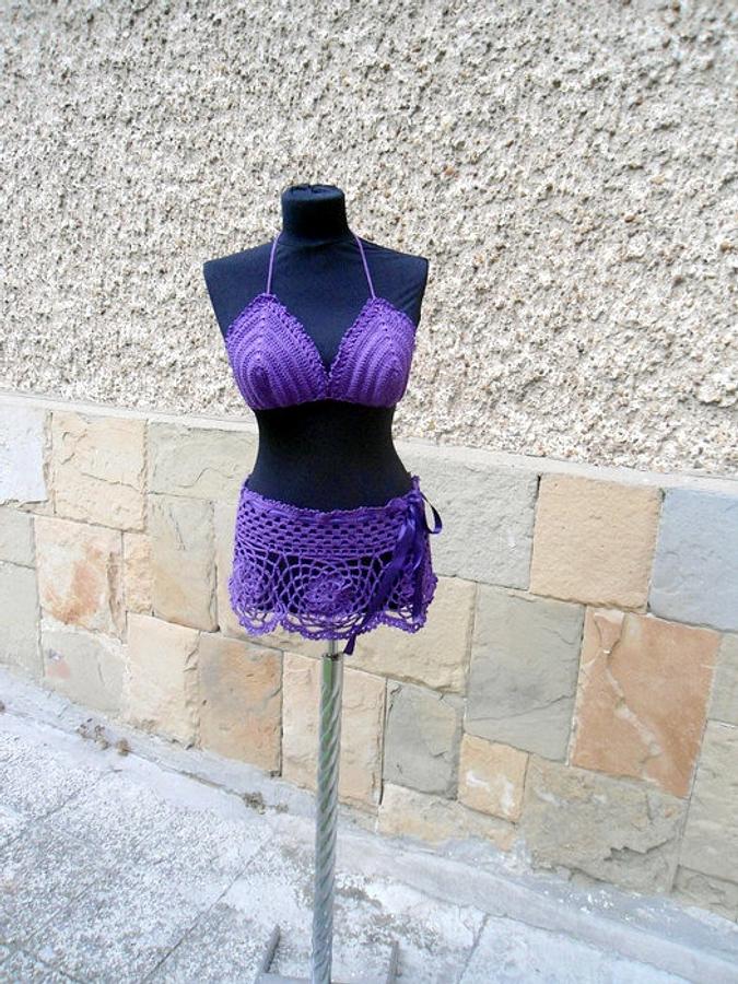 Crochet Beach Wear, Crochet Purple two piece crochet top and skirt, Crochet Cover up