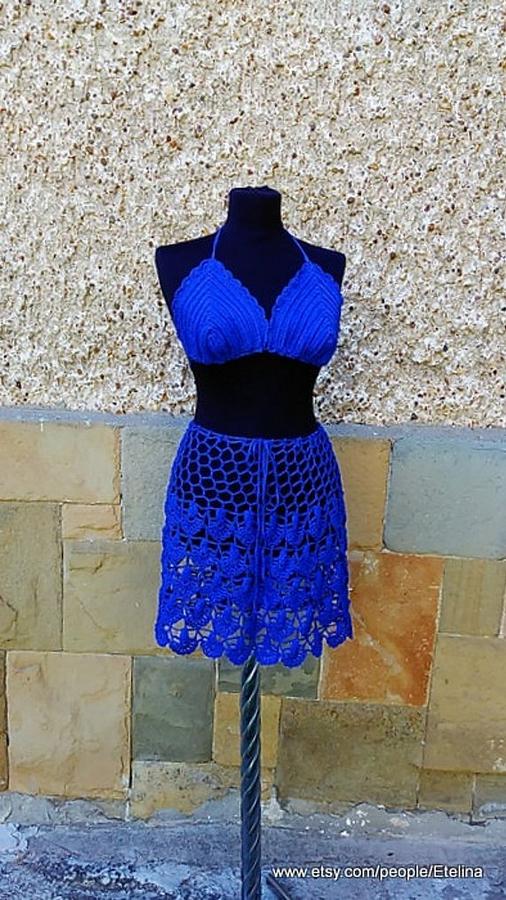 Crochet Beach Set, Blue Crochet Skirt, Crochet Bustier, Lace Suit, Resort Cover up, Summer Lace