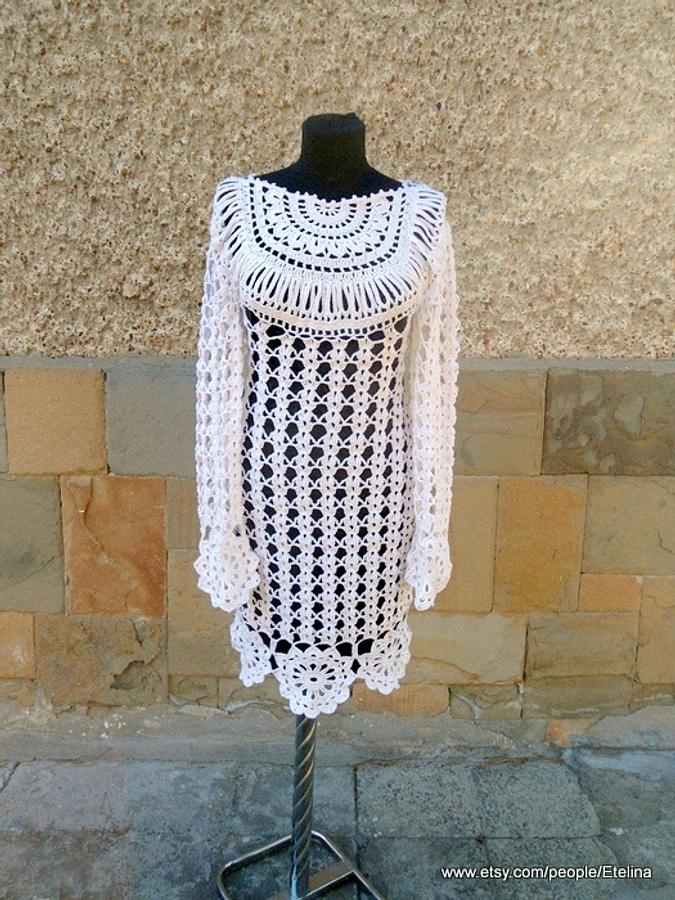 Crochet Dress, Wedding Dress, White Women Crochet Dress, Flower Motif Dress