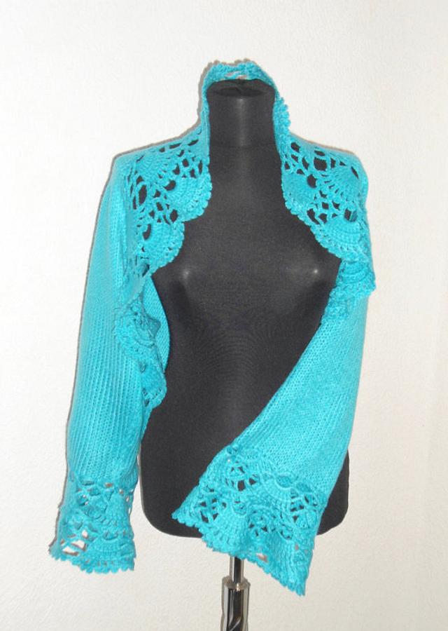 Knitted Turquoise Shrug, Long Sleeves Bolero, Turquoise Bolero, Delicate Romantic, Lace Chic