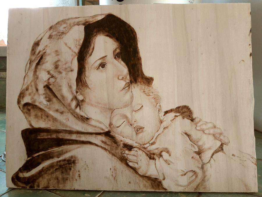virgin with child, pyrography on Poplar
