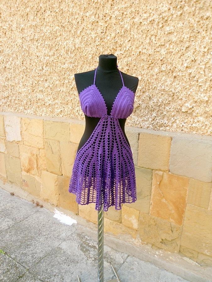 Purple Lace Beach Dress, Crochet Skirt Boho Tunic, Fashion Dress Cover Up, Cotton Cover Tunic