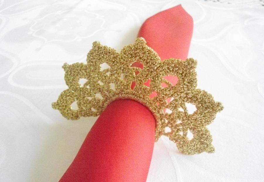 Tea Candle Holder and  Crochet Napkin Rings,  Golden Crochet Table Holder, Wedding Celebration