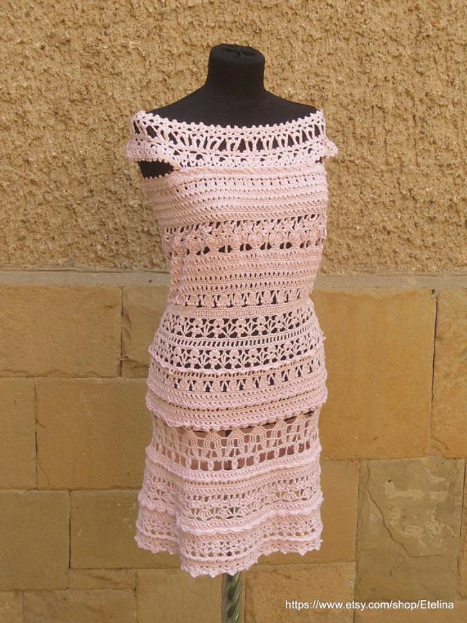 Crochet Dress, Light Pink Crochet Dress, Crochet Cocktail Dress, Exclusive Handmade 