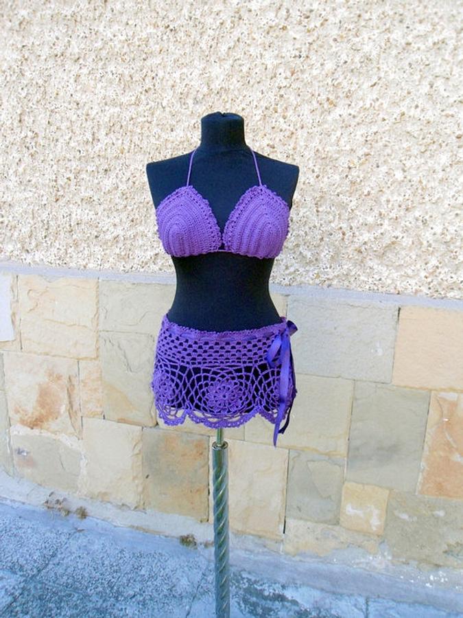 Crochet Beach Wear, Crochet Purple two piece crochet top and skirt, Crochet Cover up