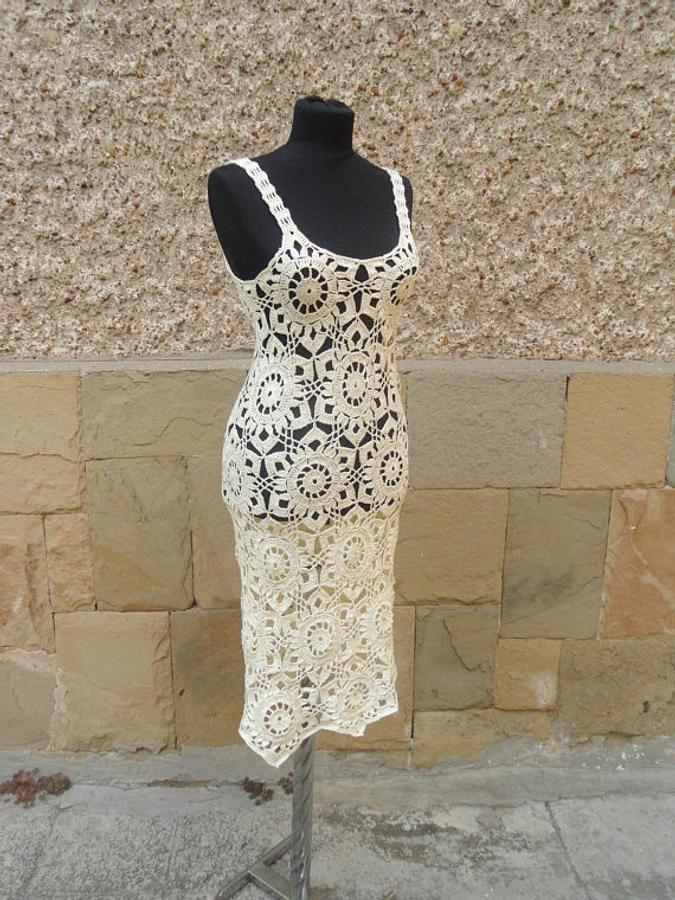 Crochet Dress, Summer Lace Dress, Lace Champagne Dress, Exclusive Handmade Dress