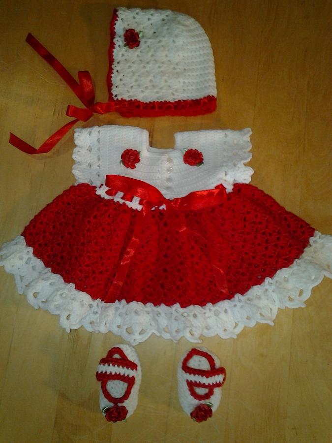 Christmas Baby Dress Set - Bonnet, Booties & Dress