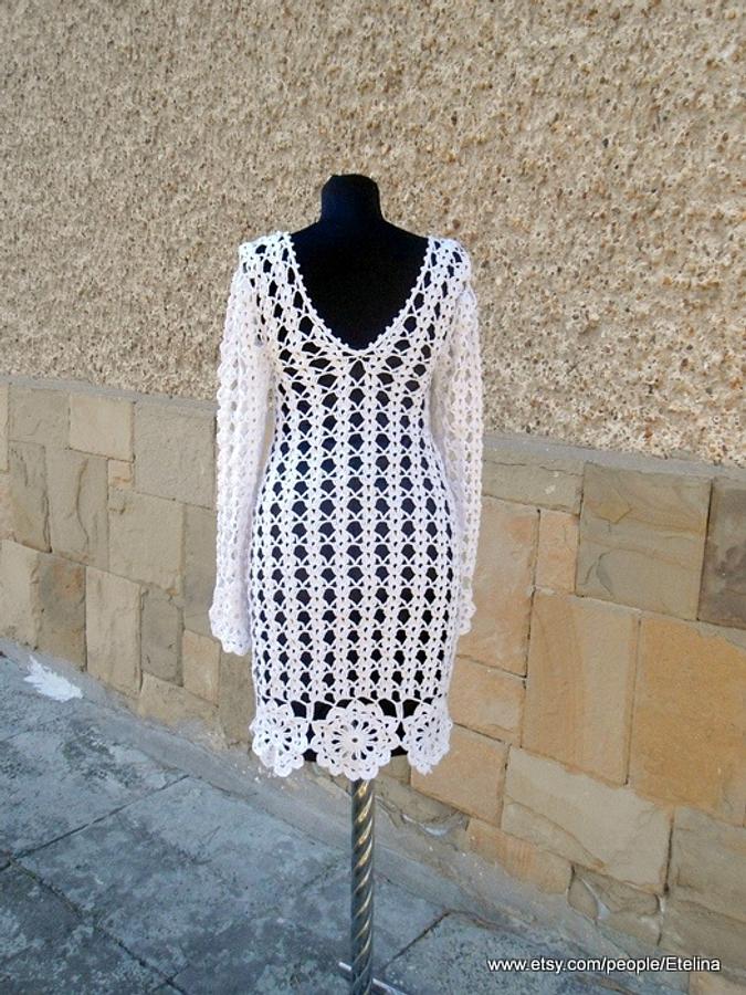 Crochet Dress, Wedding Dress, White Women Crochet Dress, Flower Motif Dress