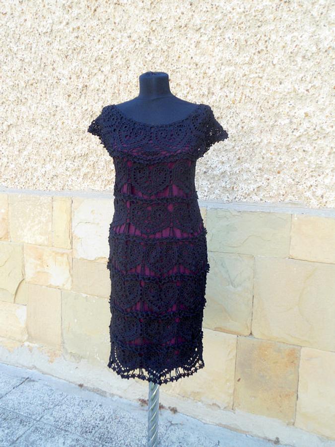 Black Crochet Dress, Little Black  Dress, Lace Wedding Dress, Hearts Motif,  Handmade Dress