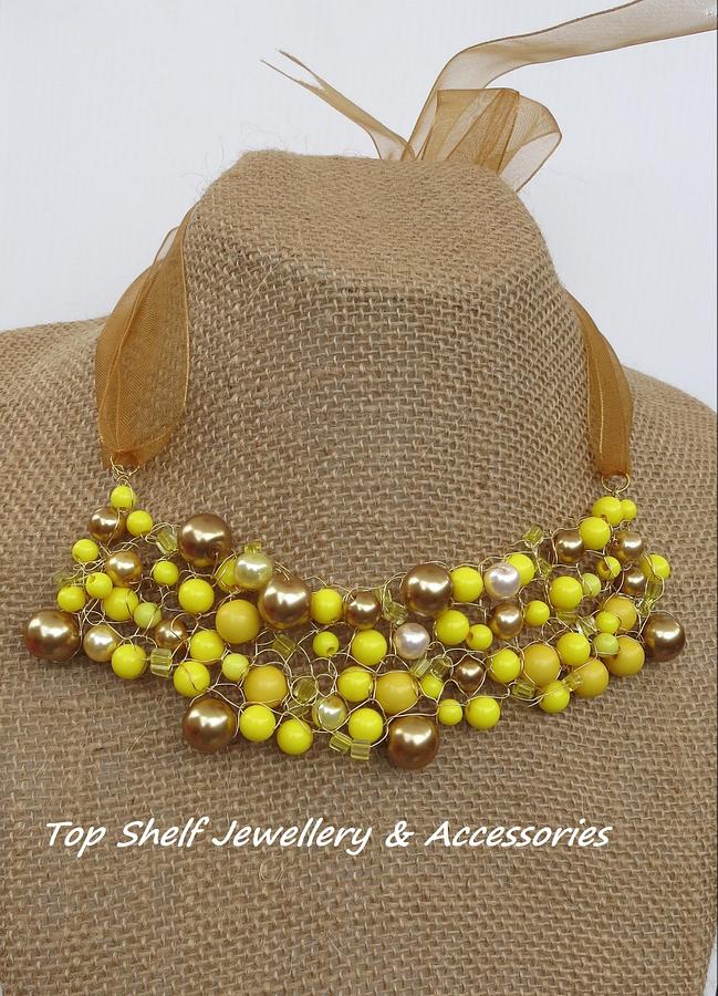 Lemon and Gold crochet wire and beaded Bib Necklace