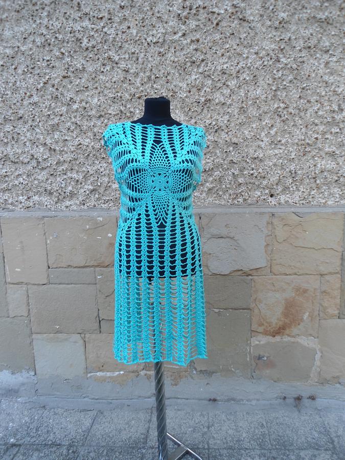 Aqua Blue Dress, Crochet Turquoise Beach Dress, Aqua Tunic Crochet, Summer Beach Dress, 