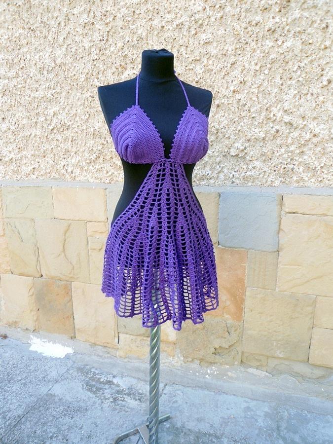 Purple Lace Beach Dress, Crochet Skirt Boho Tunic, Fashion Dress Cover Up, Cotton Cover Tunic