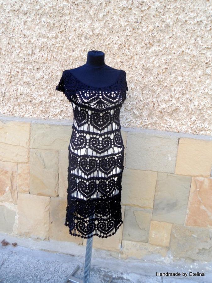 Black Crochet Dress, Little Black  Dress, Lace Wedding Dress, Hearts Motif,  Handmade Dress