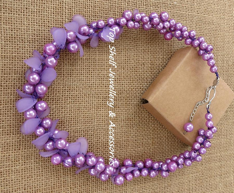 Purple Petal Crochet Wire and Beaded Necklace