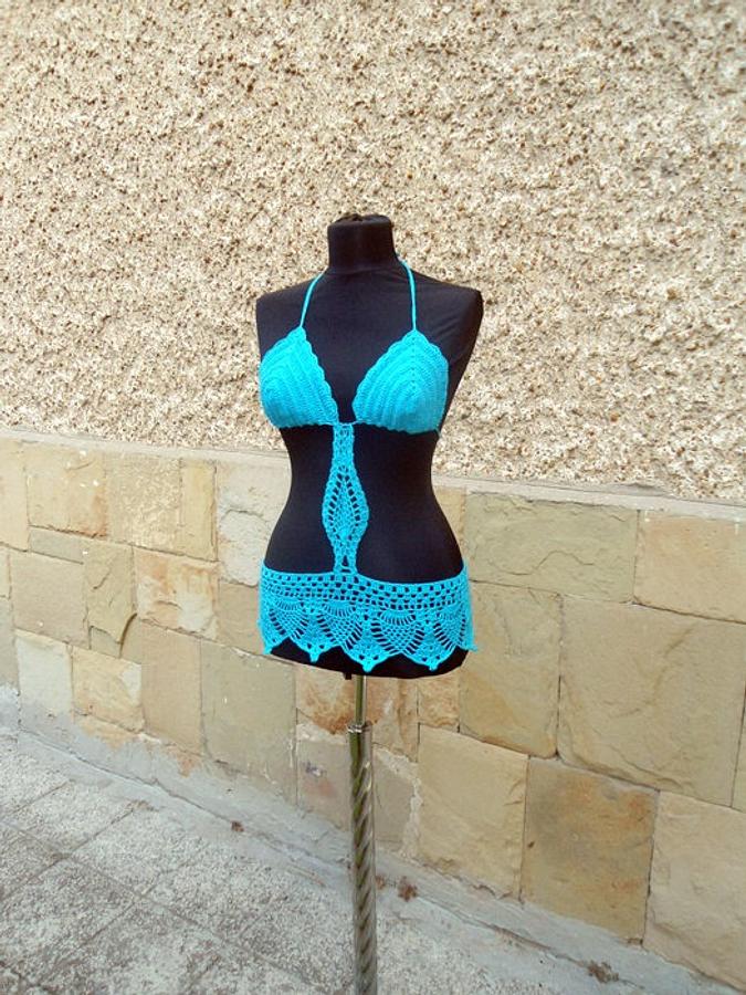 Crochet Beach Top, Turquoise Summer Beachwear, Summer Crochet Top, Crochet Turquoise suit,