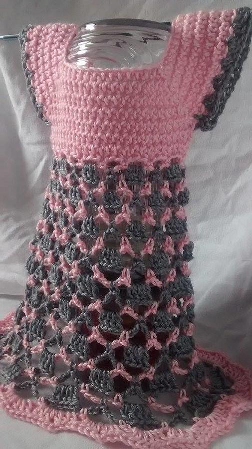 FREE SHIPPING, Baby girl, pink and gray dress, handmade crocheted baby, girl clothes, Spring dress,