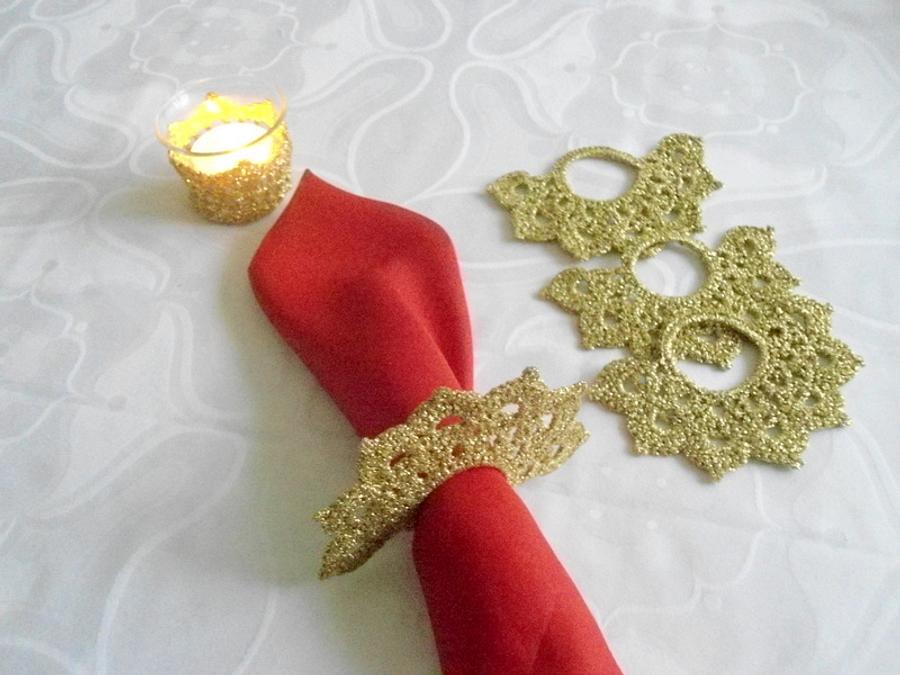 Tea Candle Holder and  Crochet Napkin Rings,  Golden Crochet Table Holder, Wedding Celebration