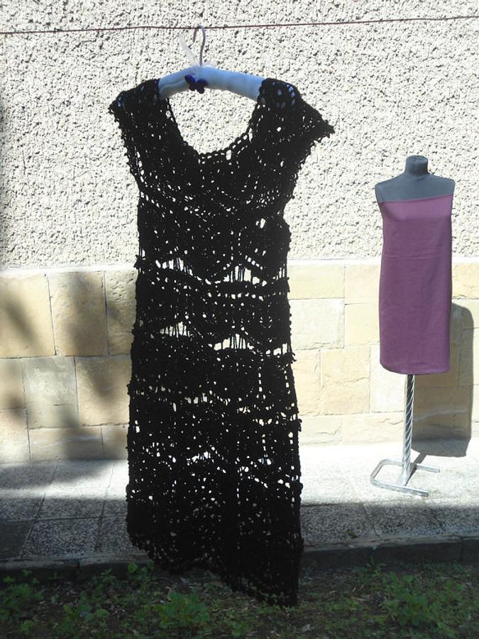 Black Crochet Dress, Little Black  Dress, Lace Wedding Dress, Hearts Motif,  Handmade Dress