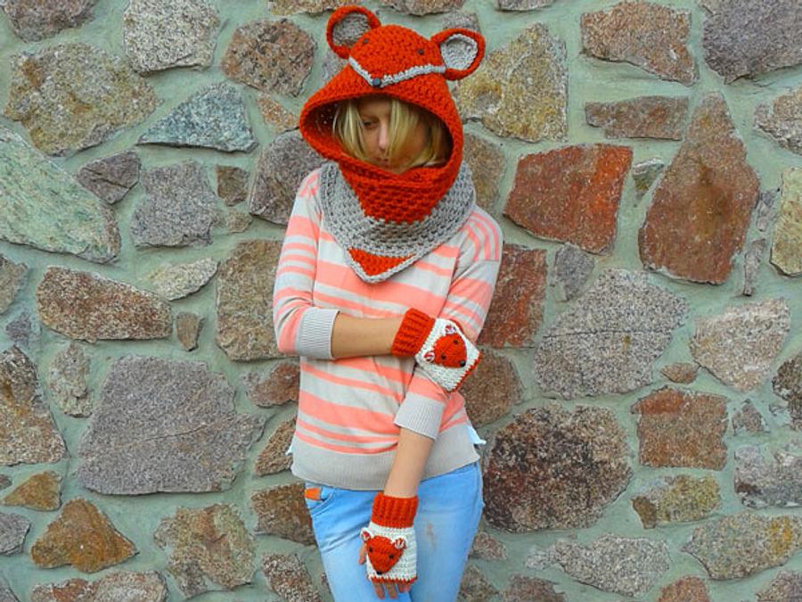 Crochet Fox Hood Scarf With Fingerless Gloves