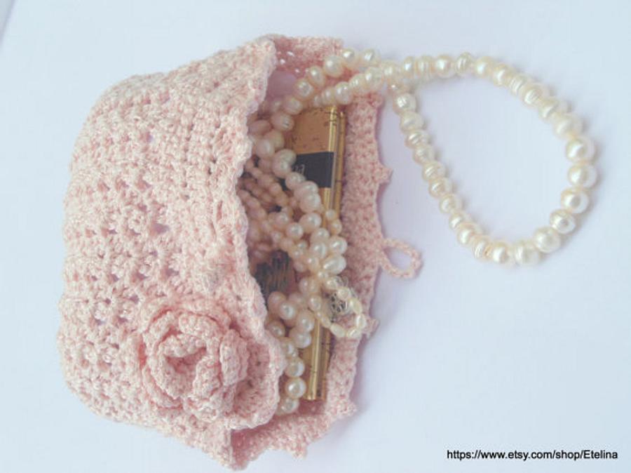 Light Pink Crochet Bag, Wedding Bridal Purse Flower Pin