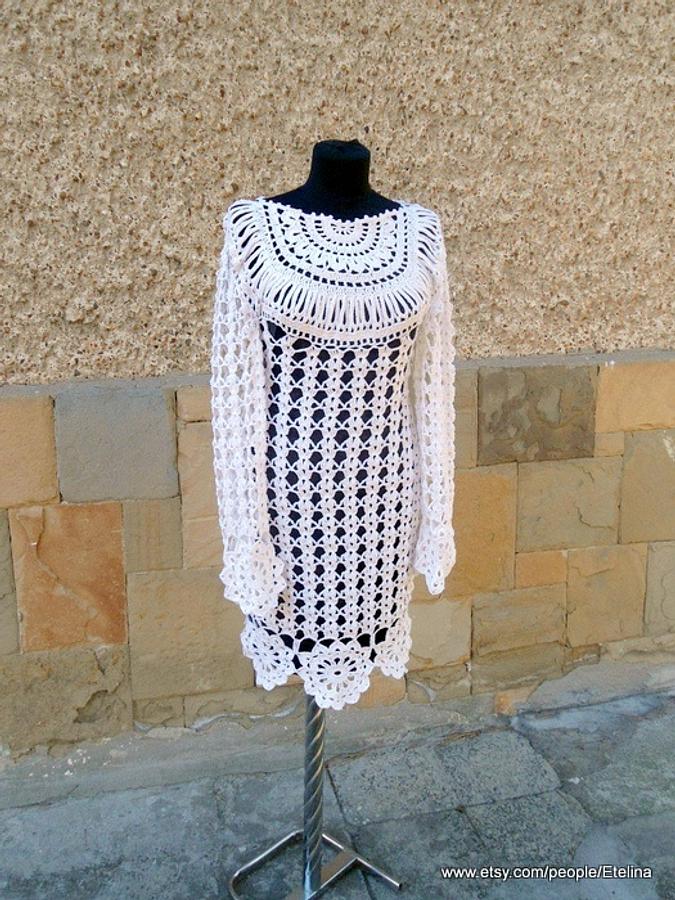 Crochet Dress, Wedding Dress, White Women Crochet Dress, Flower Motif Dress