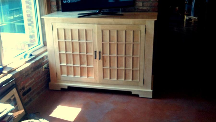 Solid Maple TV console with Shoji Screen inspired doors