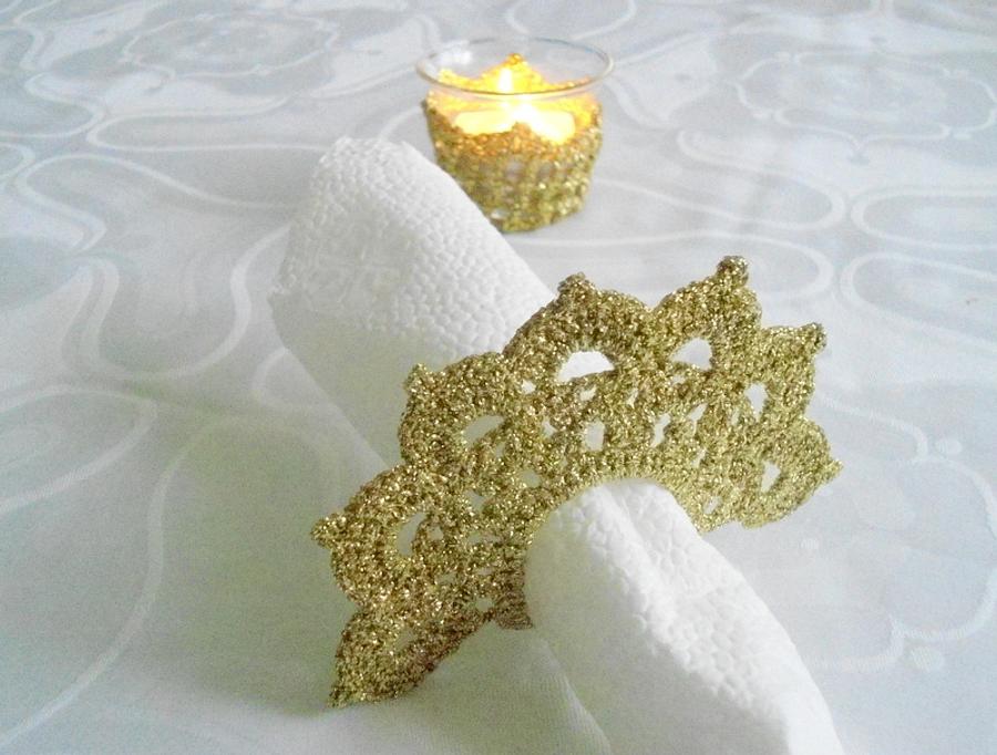 Tea Candle Holder and  Crochet Napkin Rings,  Golden Crochet Table Holder, Wedding Celebration