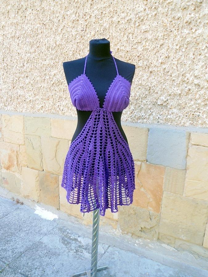 Purple Lace Beach Dress, Crochet Skirt Boho Tunic, Fashion Dress Cover Up, Cotton Cover Tunic