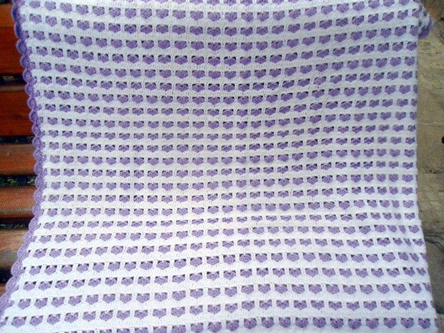 Heart Baby Blanket, Crochet Baby Blanket, Baby Shower Gift, White and Purple Baby Blanket