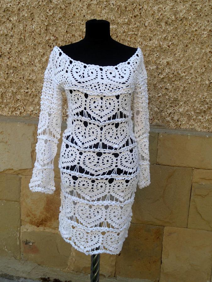 Crochet White Dress, Wedding Lace Dress, Hearts Dress, Lace Wedding Dress, Cocktail Crochet Dress