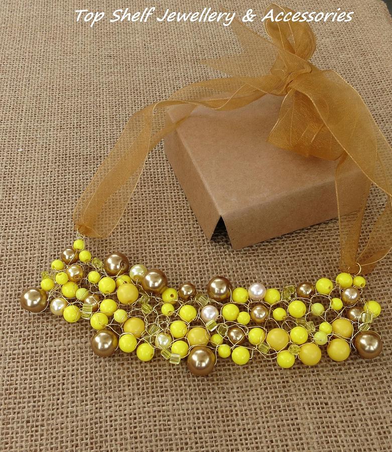 Lemon and Gold crochet wire and beaded Bib Necklace