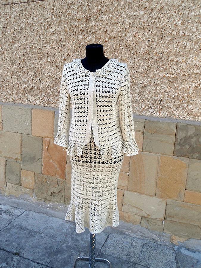 Crochet suit, Crochet Suit In Handmade, Two piece suit jacket and skirt, Lace women Costume