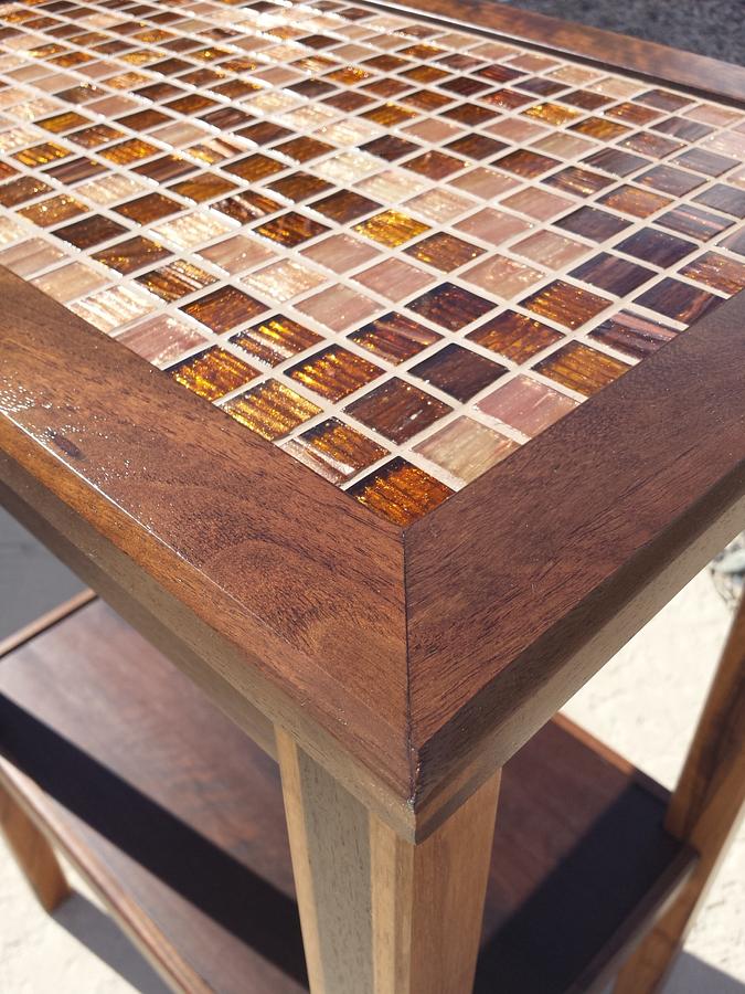 Handcrafted Solid Walnut Accent Table with Glass Tile
